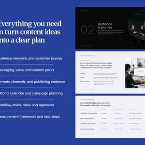 May include: A blue infographic presentation slide titled Everything you need to turn content ideas into a clear plan. It lists six strategic steps including audience research, messaging, and measurement frameworks, alongside three visual slide examples.