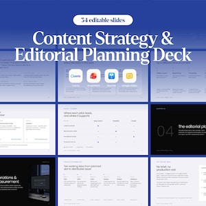 May include: A digital presentation template titled Content Strategy & Editorial Planning Deck with 34 editable slides. The layout features blue and black backgrounds with white text, charts, and icons for Canva, PowerPoint, Keynote, and Google Slides.