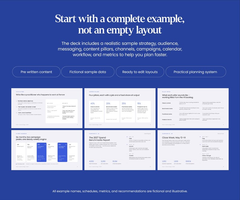 May include: A blue digital presentation deck featuring the text Start with a complete example, not an empty layout. It includes six white slides displaying sample strategy, audience, messaging, content pillars, campaigns, and metrics.