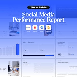 May include: A digital template set titled Social Media Performance Report with 36 editable slides. The layout features blue gradients, data charts, reach and impression metrics, and icons for Canva, PowerPoint, Keynote, and Google Slides software.