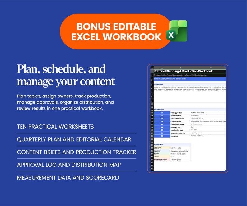 May include: A digital editorial planning and production workbook displayed on a blue background. The text includes 'BONUS EDITABLE EXCEL WORKBOOK', 'Plan, schedule, and manage your content', and lists features like 'TEN PRACTICAL WORKSHEETS'.