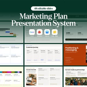May include: A digital marketing plan presentation system featuring 48 editable slides. The layout includes charts, customer journey maps, and strategy sections with icons for Canva, PowerPoint, Keynote, and Google Slides. The design uses a dark green, white, and orange color palette with clear headings and professional data visualization elements.