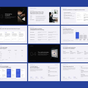 May include: A digital presentation document featuring twelve slides with a dark blue background. The slides contain text, charts, and images detailing a business strategy, including sections titled Messaging & pillars, The editorial plan, and 2027 Spend Benchmarks Report.