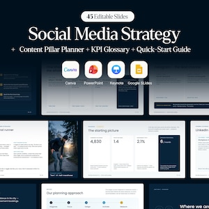 May include: A digital presentation template titled Social Media Strategy with 45 editable slides. It includes a content pillar planner, KPI glossary, and quick-start guide, compatible with Canva, PowerPoint, Keynote, and Google Slides software.