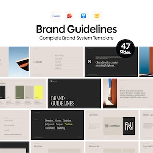 May include: A digital brand guidelines template featuring 47 slides with a neutral color palette, serif typography, and architectural imagery. The layout includes sections for brand foundation, logo systems, and visual identity with clear text.