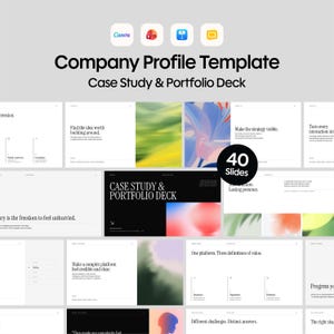May include: A digital company profile template titled Company Profile Template Case Study & Portfolio Deck, featuring 40 slides with a mix of white and black backgrounds, minimalist typography, and abstract colorful gradients for professional presentations.