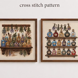 May include: Two framed cross stitch patterns featuring apothecary themes. The left frame shows a single shelf with various colourful potion bottles and hanging dried herbs. The right frame displays three shelves filled with numerous small glass bottles.