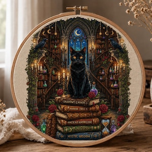 May include: A circular embroidery hoop containing a cross-stitch design of a black cat sitting on a stack of books titled Shadows & Magic, Potion Index, Ancient Knowledge, and Mystic Wisdom, set in a library with candles, potions, and ravens.