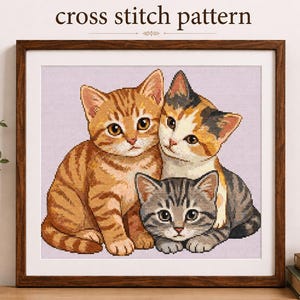 May include: A framed cross stitch pattern featuring three kittens sitting together. One kitten is orange tabby, one is calico, and one is a grey tabby. The text cross stitch pattern is printed above the image in a dark brown serif font.