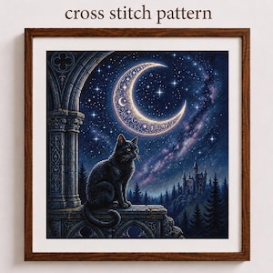 May include: A framed cross stitch pattern featuring a black cat sitting on a stone balcony under a large crescent moon and starry night sky. The scene includes a dark forest and a distant castle silhouette, all enclosed in a dark wood frame.