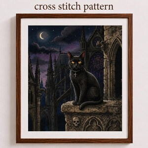 May include: A framed cross stitch pattern featuring a black cat with yellow eyes wearing a cross necklace, sitting on a stone ledge with a skull carving. The background shows a gothic cathedral at night under a crescent moon and starry sky.