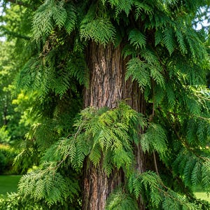 May include: A tall tree trunk with rough, vertically fissured brown bark, surrounded by dense, vibrant green, scale-like foliage characteristic of a conifer. The branches extend outward, covered in fine, flat, needle-like evergreen leaves.