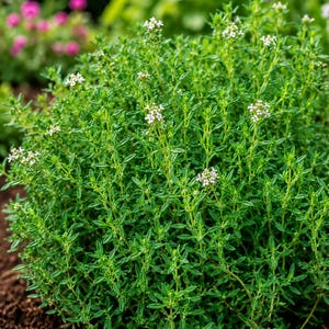 May include: A dense, low-growing thyme plant featuring numerous small, narrow, dark green leaves on thin, branching stems. The plant is adorned with clusters of tiny, delicate white flowers scattered throughout the foliage, creating a textured appearance.