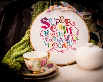 Mary Poppins Cross Stitch Pattern - Colourful Cross Stitch Pattern - Supercalifragilisticexpialidocious Cross Stitch  Digital Pattern