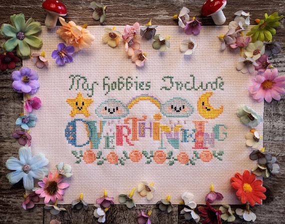 My Hobbies Include Overthinking – Cute & Colourful Cross Stitch Pattern (PDF)