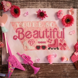 Você é tão linda - Padrão moderno de ponto cruz - Padrão digital de ponto cruz - Ponto cruz rosa