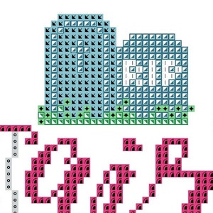 May include: A cross-stitch design featuring a blue tombstone with the letters "RIP" in white. The tombstone sits on a green base, with pink and red pixelated text below. The background is white.