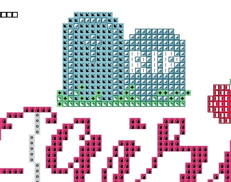 May include: A cross-stitch design featuring a blue tombstone with the letters "RIP" in white. The tombstone sits on a green base, with pink and red pixelated text below. The background is white.