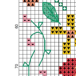 May include: A cross-stitch pattern featuring floral and geometric elements. The design includes a stylized flower with orange and black petals, green leaves, and pink berry clusters. The background is a grid of black squares.