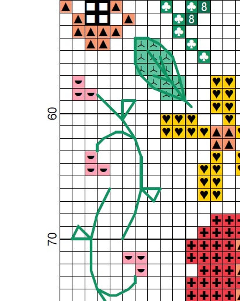 May include: A cross-stitch pattern featuring floral and geometric elements. The design includes a stylized flower with orange and black petals, green leaves, and pink berry clusters. The background is a grid of black squares.