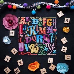 Alphabet Cross Stitch Sampler - Modern Cross Stitch Pattern - Digital Cross Stitch Pattern - Colourful Cross Stitch Pattern