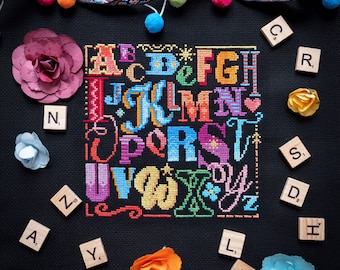 Alphabet Cross Stitch Sampler - Modern Cross Stitch Pattern - Digital Cross Stitch Pattern - Colourful Cross Stitch Pattern