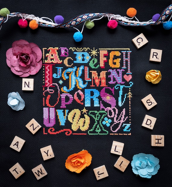 Alphabet Cross Stitch Sampler - Modern Cross Stitch Pattern - Digital Cross Stitch Pattern - Colourful Cross Stitch Pattern
