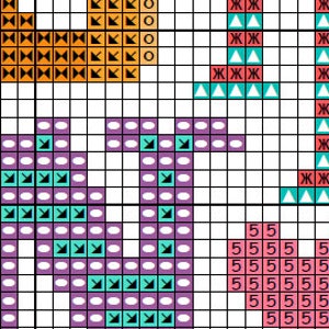 May include: A cross-stitch pattern on a grid featuring an orange letter U, a vertical column with alternating red asterisk and teal triangle symbols, a purple letter N with teal arrow accents, and a pink heart containing the number 5 and letter n.