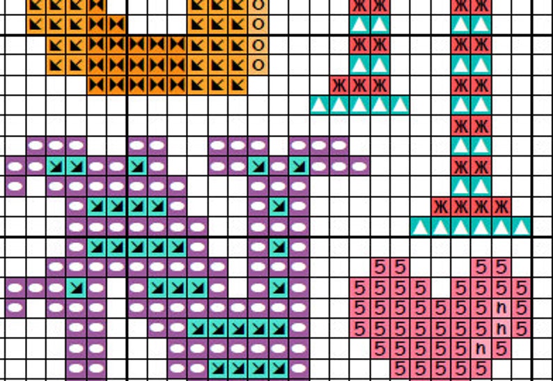 May include: A cross-stitch pattern on a grid featuring an orange letter U, a vertical column with alternating red asterisk and teal triangle symbols, a purple letter N with teal arrow accents, and a pink heart containing the number 5 and letter n.