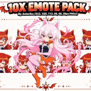 May include: A digital 10X EMOTE PACK By Asteriko (512, 320, 112, 56, 48, 28px PNGs!) featuring a central anime character with pink hair and cat ears surrounded by eight smaller character emotes displaying various facial expressions and poses.