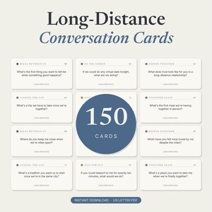 Op de afbeelding: Een set Long-Distance Conversation Cards met 150 kaarten in US Letter PDF-formaat. De kaarten zijn in een raster gerangschikt met een grote blauwe cirkel in het midden met de tekst 150 CARDS. Elke kaart bevat een specifieke vraag.