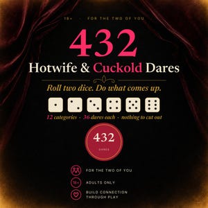 May include: A black graphic card featuring the text 432 Hotwife & Cuckold Dares in pink and white. It includes illustrations of six dice, the phrase Roll two dice. Do what comes up., 12 categories, 36 dares each, and icons for adults only.