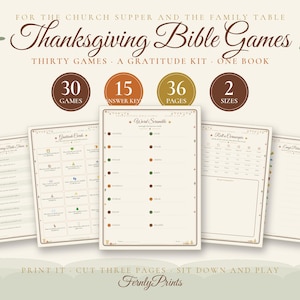 Könnte beinhalten: Ein Thanksgiving-Bibelspiel-Set mit 30 Spielen, 15 Antwortschlüsseln und 36 Seiten in 2 Größen. Die Sammlung enthält bedruckte Blätter mit Wortsuchrätseln, Dankbarkeitskarten und Erzählanregungen in Braun- und Cremetönen für die ganze Familie.
