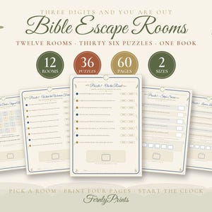 Op de afbeelding: Een verzameling printbare puzzelvellen getiteld Bible Escape Rooms, met twaalf kamers, zesendertig puzzels en zestig pagina's. Het ontwerp bevat cirkelvormige iconen met tekst, vijf verticale pagina's met spelinstructies en de merknaam FernlyPrints.