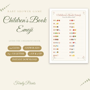 May include: A baby shower game card titled Children's Book Emoji with twenty-four numbered lines featuring emoji sequences for guessing book titles. The card includes a Name and Score line at the bottom, with decorative floral accents in the corners.