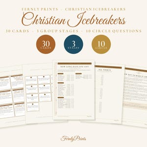 May include: A set of Christian Icebreakers game cards and activity sheets featuring 30 cards, 3 group stages, and 10 circle questions. The printed materials are cream-colored with brown text and accents, displaying various prompts and instructions.