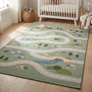 Kids Road Map Area Rug | Scandinavian Playroom Car Track Rug, Hand tufted wool area rug