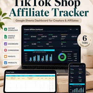 May include: A TikTok Shop Affiliate Tracker Google Sheets dashboard displayed on a laptop, tablet, and smartphone. The interface features dark mode analytics, including total GMV, commission, net profit, pending payouts, and monthly performance charts.