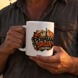 Może przedstawiać: Biały ceramiczny kubek z kolorowym nadrukiem graficznym z napisem "PERMIAN BASIN" i "BORN IN THE PATCH" oraz sylwetkami sprzętu wiertniczego, trzymany przez osobę ubraną w ciemnoszarą koszulę z guzikami i czapkę z daszkiem.