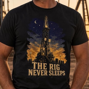 Oilfield worker t-shirt, gift for him, WPA night rig travel poster, vintage graphic tee
