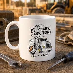 Puede incluir: Una taza de cerámica blanca con una ilustración de líneas negras de un conductor de camión inspeccionando la rueda de un tráiler. El texto dice: THE 15-MINUTE PRE-TRIP SAID NO ONE, EVER. Una persona con chaleco naranja está arrodillada.