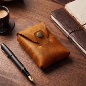 Personalisierter Kartenhalter aus echtem Leder mit Zugband, handgefertigtes minimalistisches Portemonnaie in Senf-/Kamelgelb für die Vordertasche, kompaktes Alltags-Etui für Herren