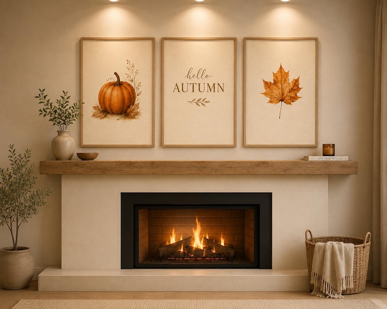 May include: Three framed wall art prints displayed above a fireplace. The left print features an orange pumpkin, the center print contains the text "hello AUTUMN" with leaf accents, and the right print shows a single brown maple leaf.