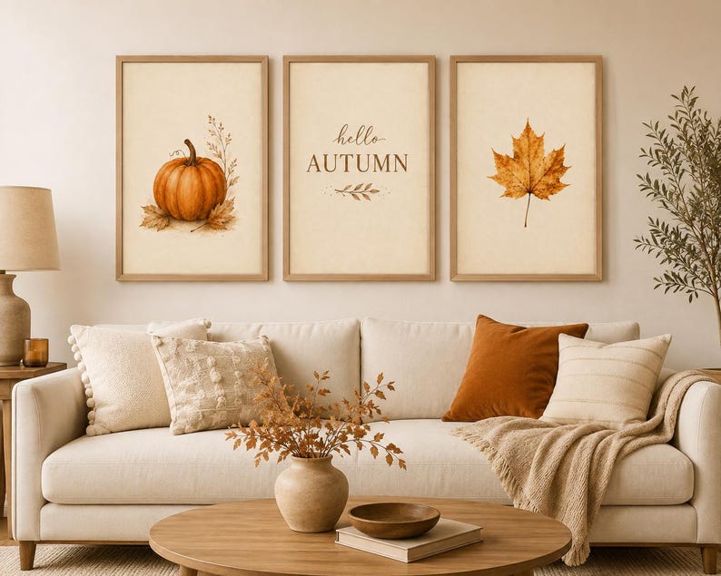 May include: Three framed wall art prints featuring a pumpkin on the left, the text hello AUTUMN in the center, and a maple leaf on the right. Each print has a light beige background and is enclosed in a simple light wood frame.