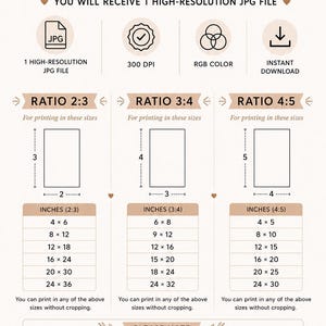 May include: A digital size guide chart for art prints featuring three columns for aspect ratios 2:3, 3:4, and 4:5. The chart lists corresponding dimensions in inches for each ratio, specifies 300 DPI, RGB color, and notes that frames are not included.