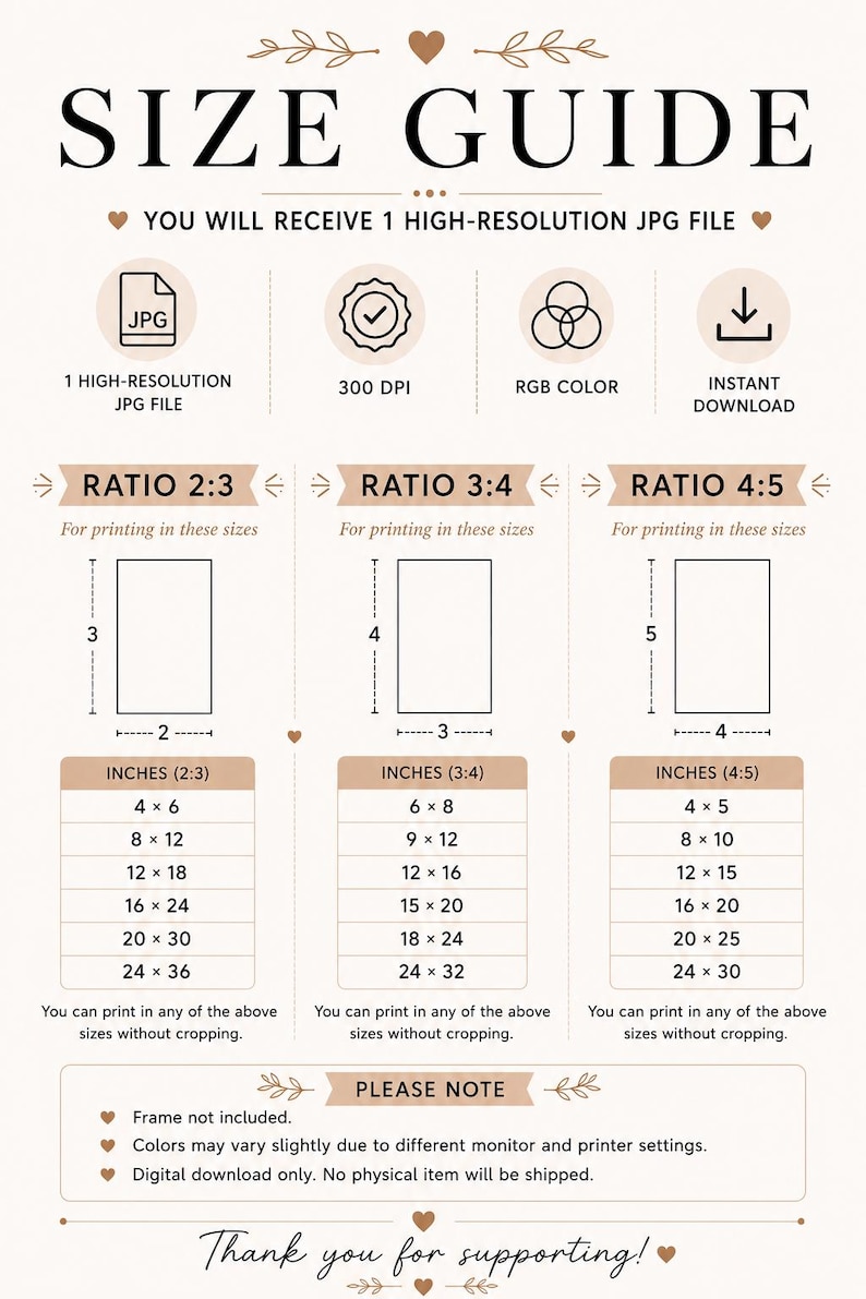 May include: A digital size guide chart for art prints featuring three columns for aspect ratios 2:3, 3:4, and 4:5. The chart lists corresponding dimensions in inches for each ratio, specifies 300 DPI, RGB color, and notes that frames are not included.