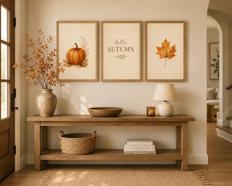 May include: Three framed wall art prints featuring a pumpkin, the text hello AUTUMN, and a maple leaf. The prints are displayed above a wooden console table with a vase of branches, a wooden bowl, a lamp, a candle, a basket, and stacked books.