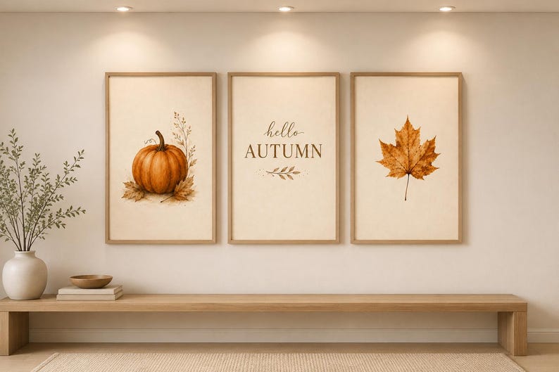 May include: A set of three framed wall art prints with light-colored backgrounds. The left print features an orange pumpkin, the center print displays the text "hello AUTUMN" with leaf accents, and the right print shows a single brown maple leaf.