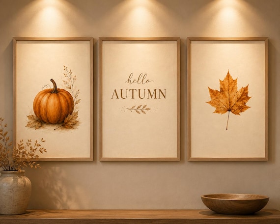 Fall Wall Art Set of 3, Pumpkin, Hello Autumn, Maple Leaf Prints (Digital Download)