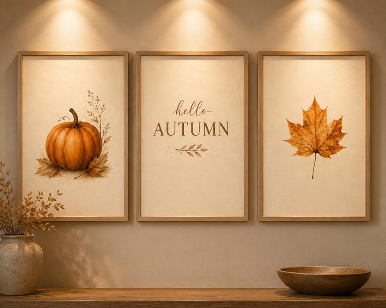 May include: A set of three framed wall art prints with light wood frames. The left print features an orange pumpkin with dried foliage. The center print displays the text hello AUTUMN in brown. The right print shows a single brown maple leaf.